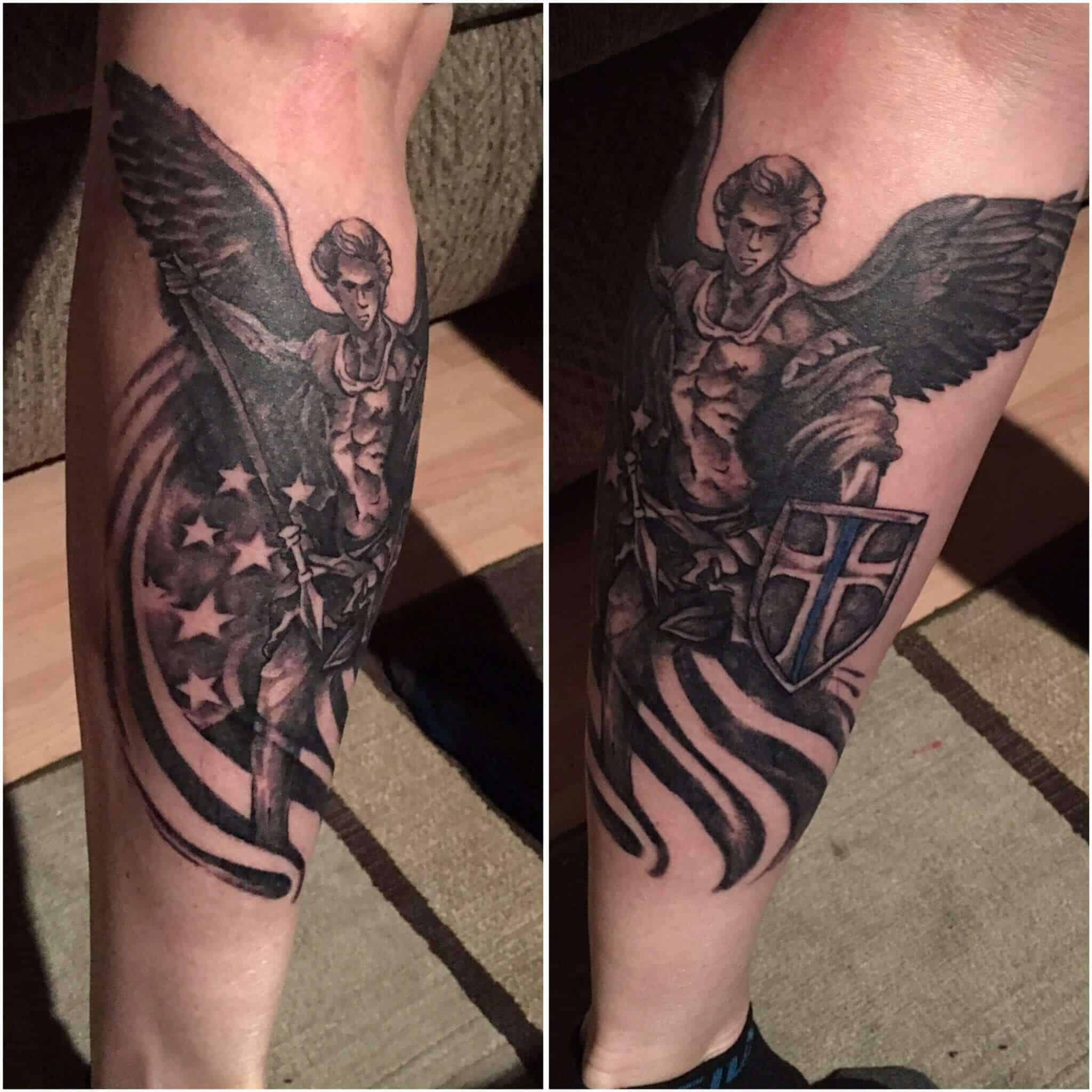 saint michael leg tattoo