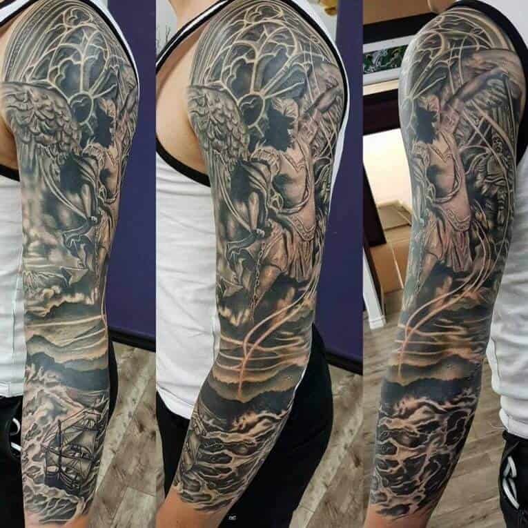 saint michael sleeve tattoo