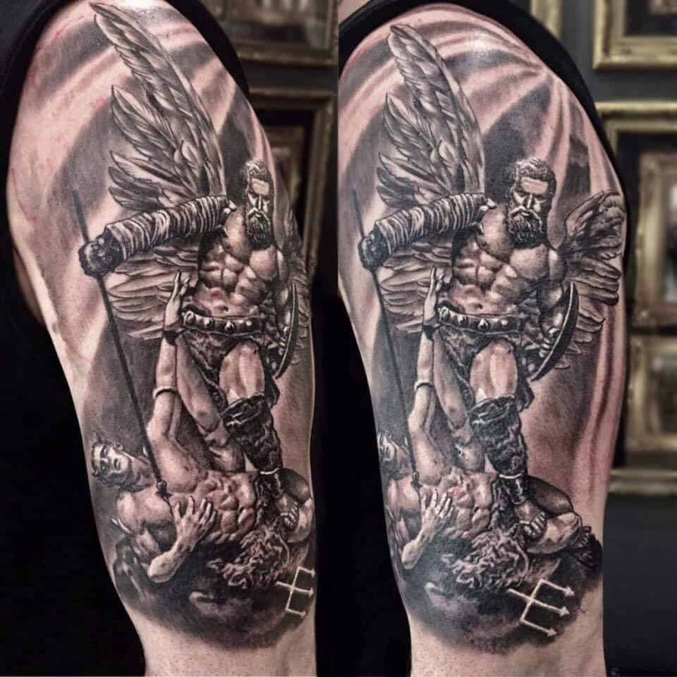 saint michael sleeve tattoo