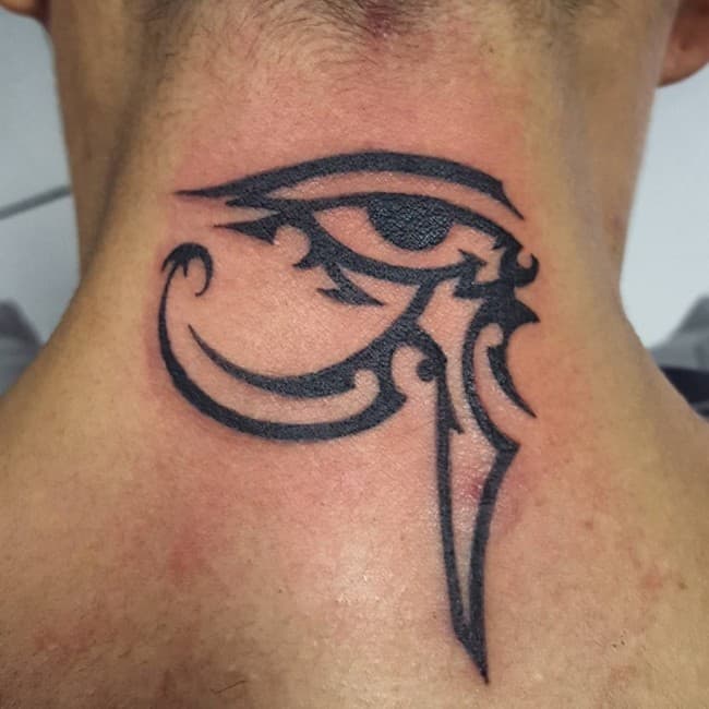 tribal eye of horus tattoo on neck