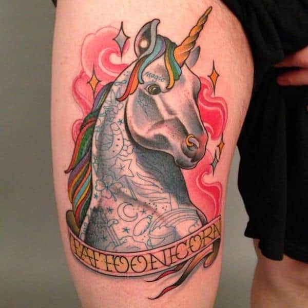 unicorn tattoo on thigh
