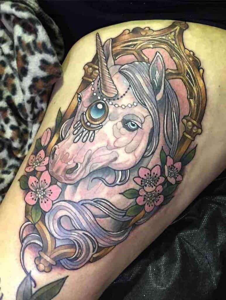 unicorn thigh tattoo