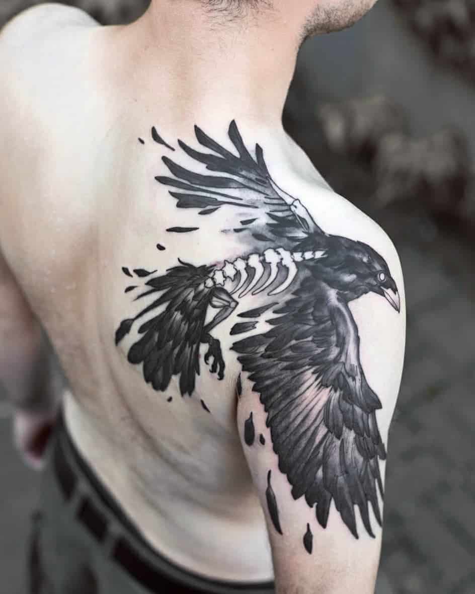 Skin and Bone Tattoo - Sebastian has been collecting a menegerie of Nordic  creatures the last few years... Dragons, Wolf and now Raven tattoos  decorate his body. Sometimes due to time or