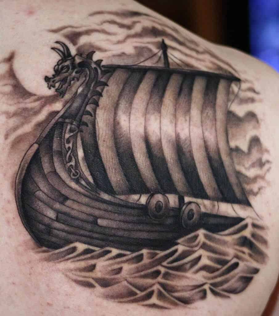 viking ship tattoo on back
