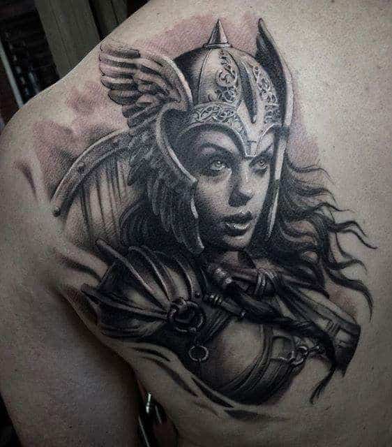 viking woman back tattoo