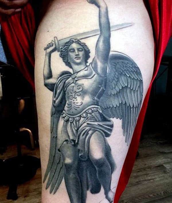 warrior saint michael tattoo on thigh