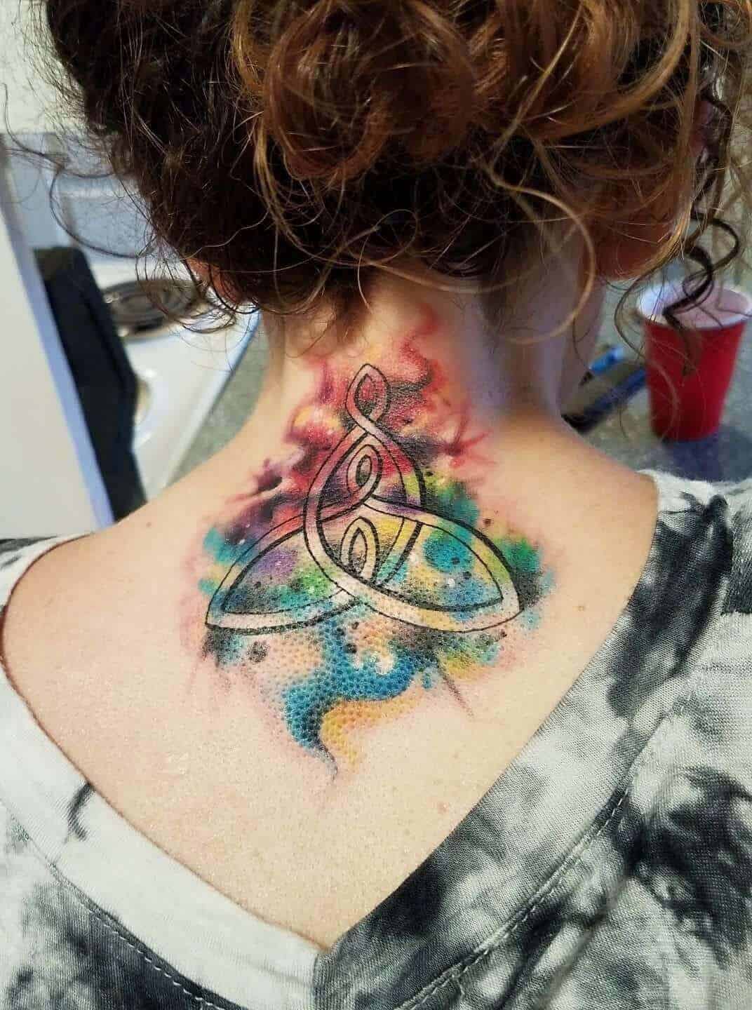 watercolor celtic tattoo on neck