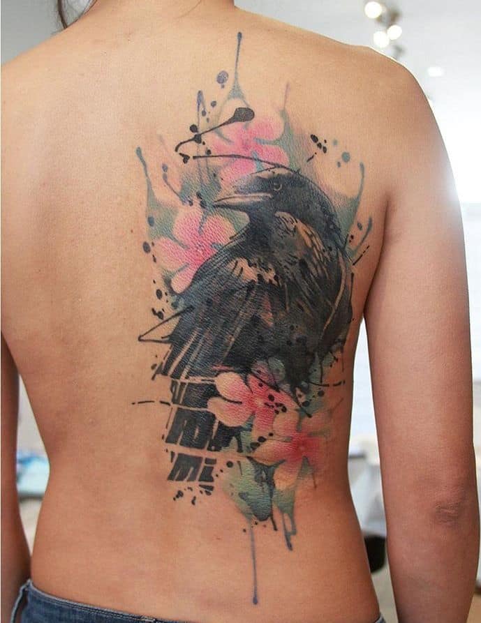 watercolor crow raven tattoo on back