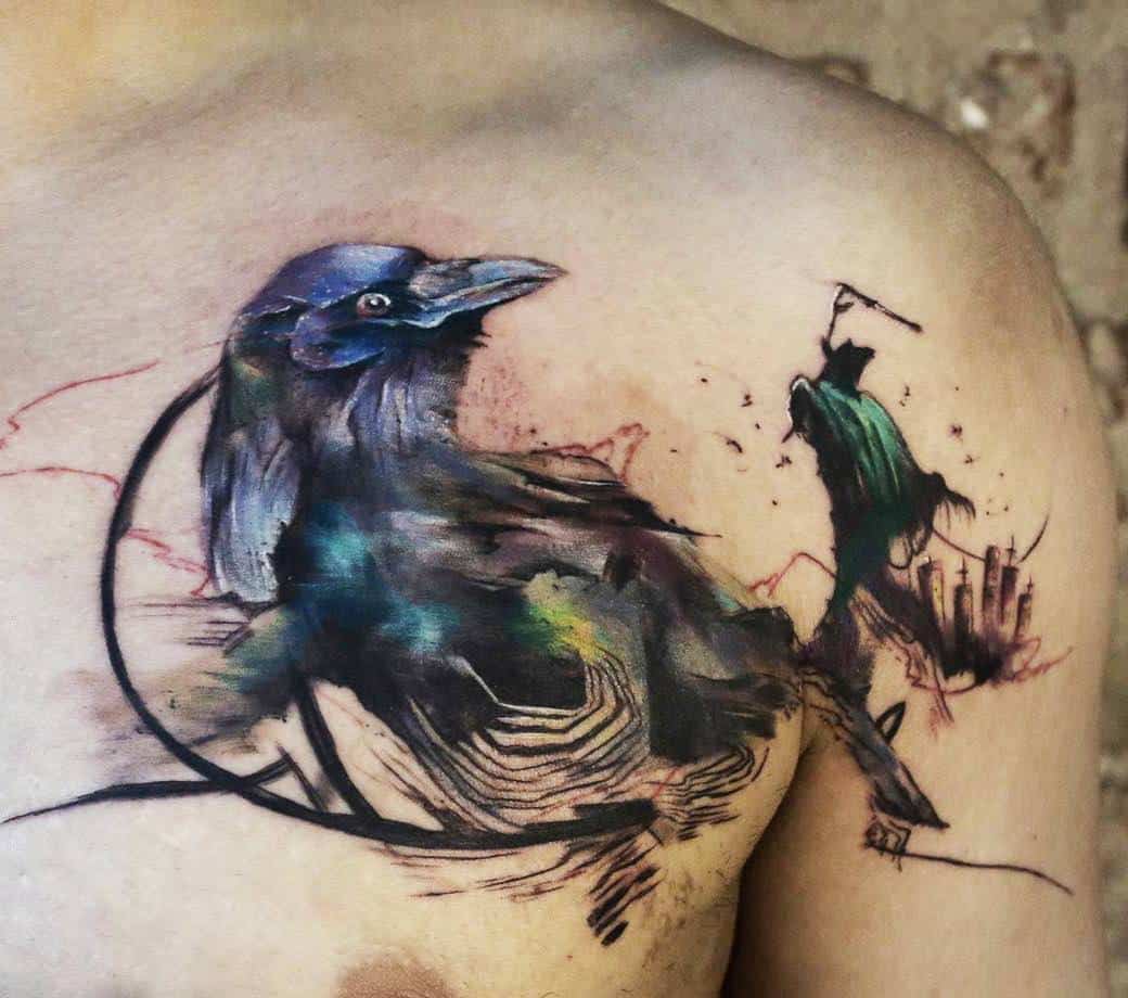 watercolor crow raven tattoo on chest