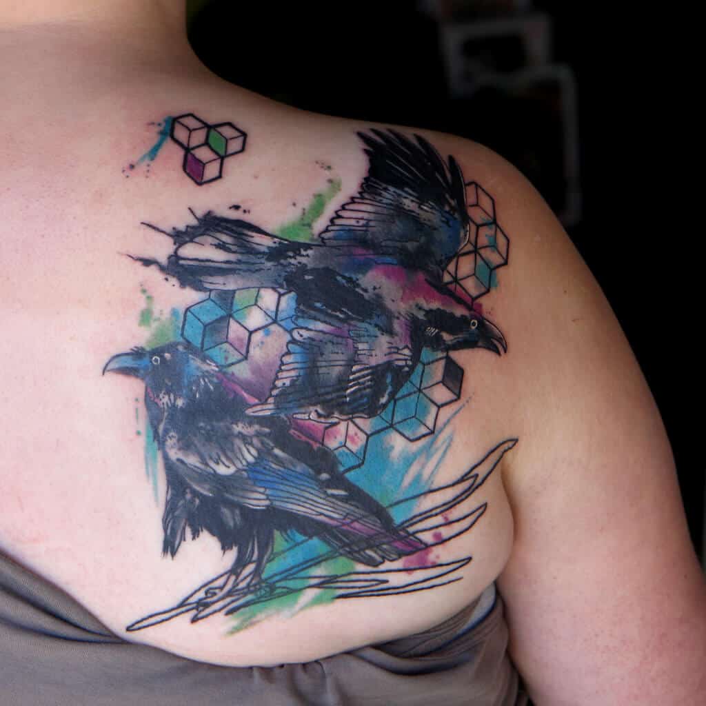 watercolor crow raven tattoo on back