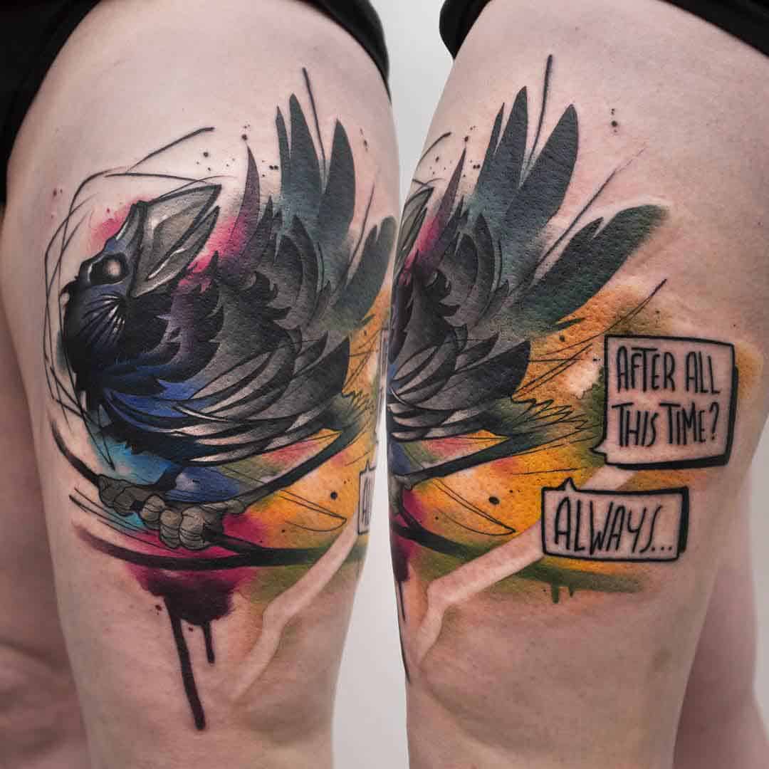 watercolor crow raven tattoo on thigh