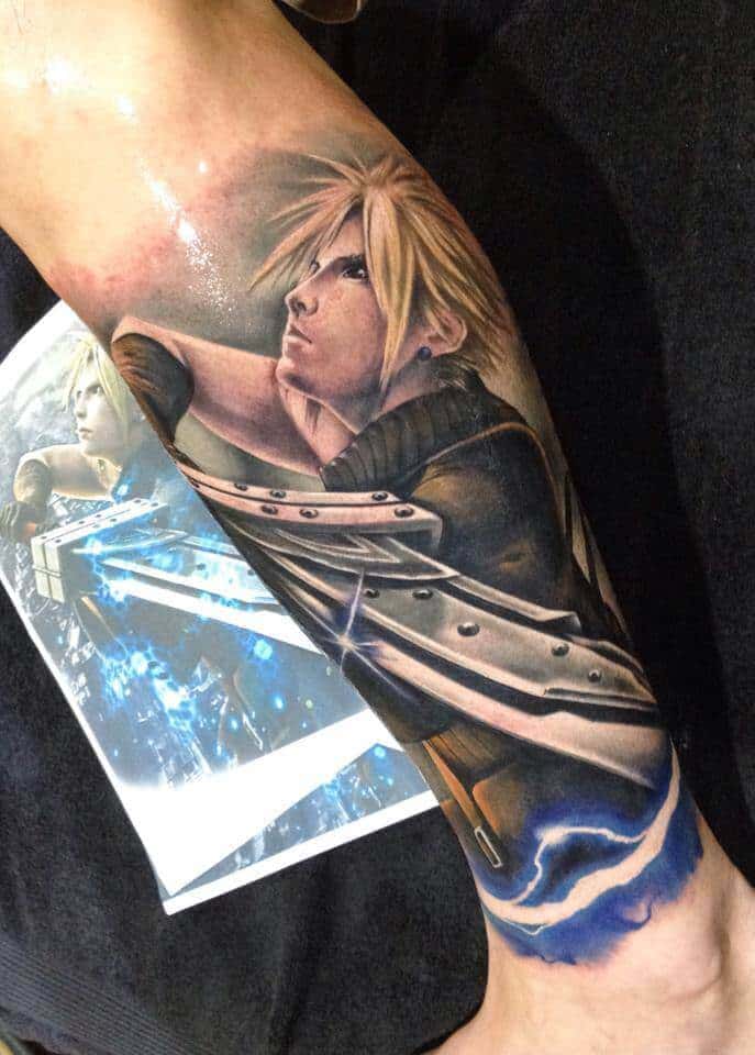 girl with cloud strife tattoo on shoulders