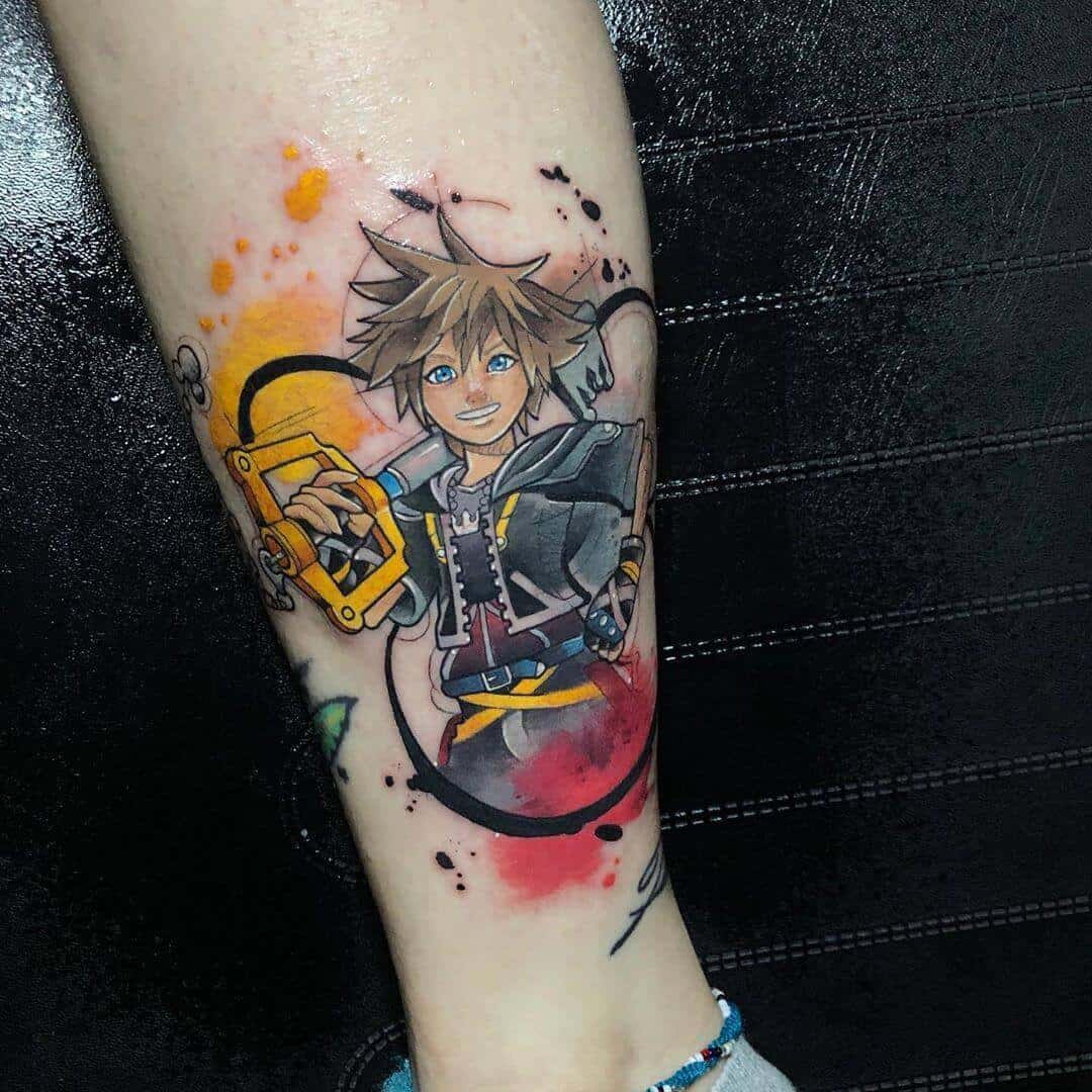 kingdom hearts watercolor tattoo on leg