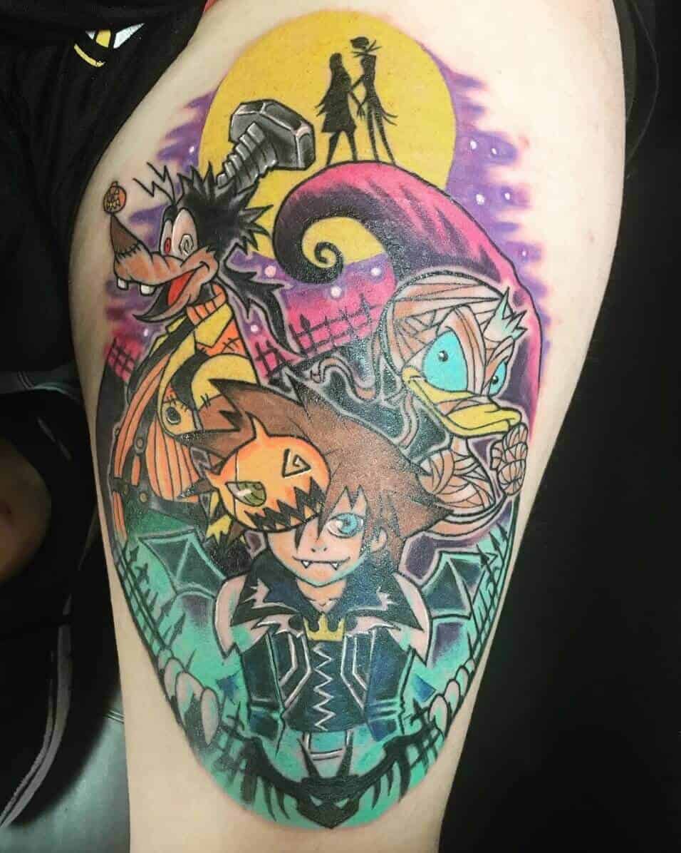 kingdom hearts watercolor tattoo on thigh