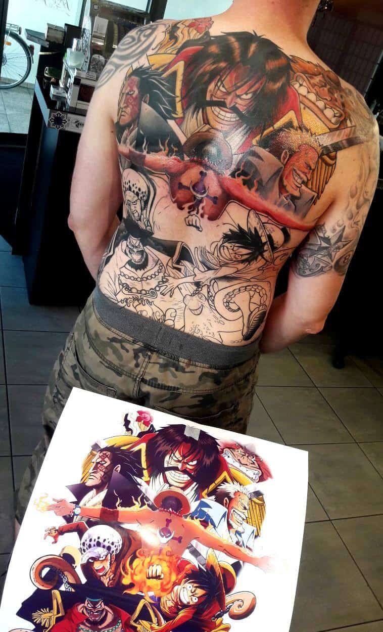 one piece tattoo on back
