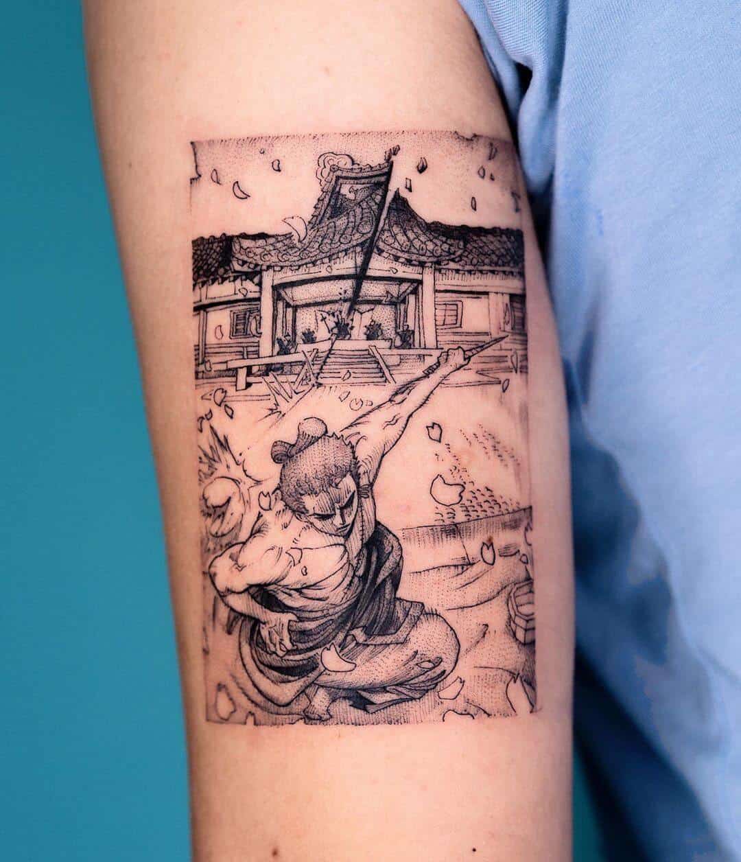 Zomnos Tattoo - Zoro Roronoa • #OnePiece • Blandiendo su katana, Enma 🗡🔥 Estas al día con One Piece? Yo voy a comenzarla por primera vez 😳 . . . #blackworkers #dotworktattoo #