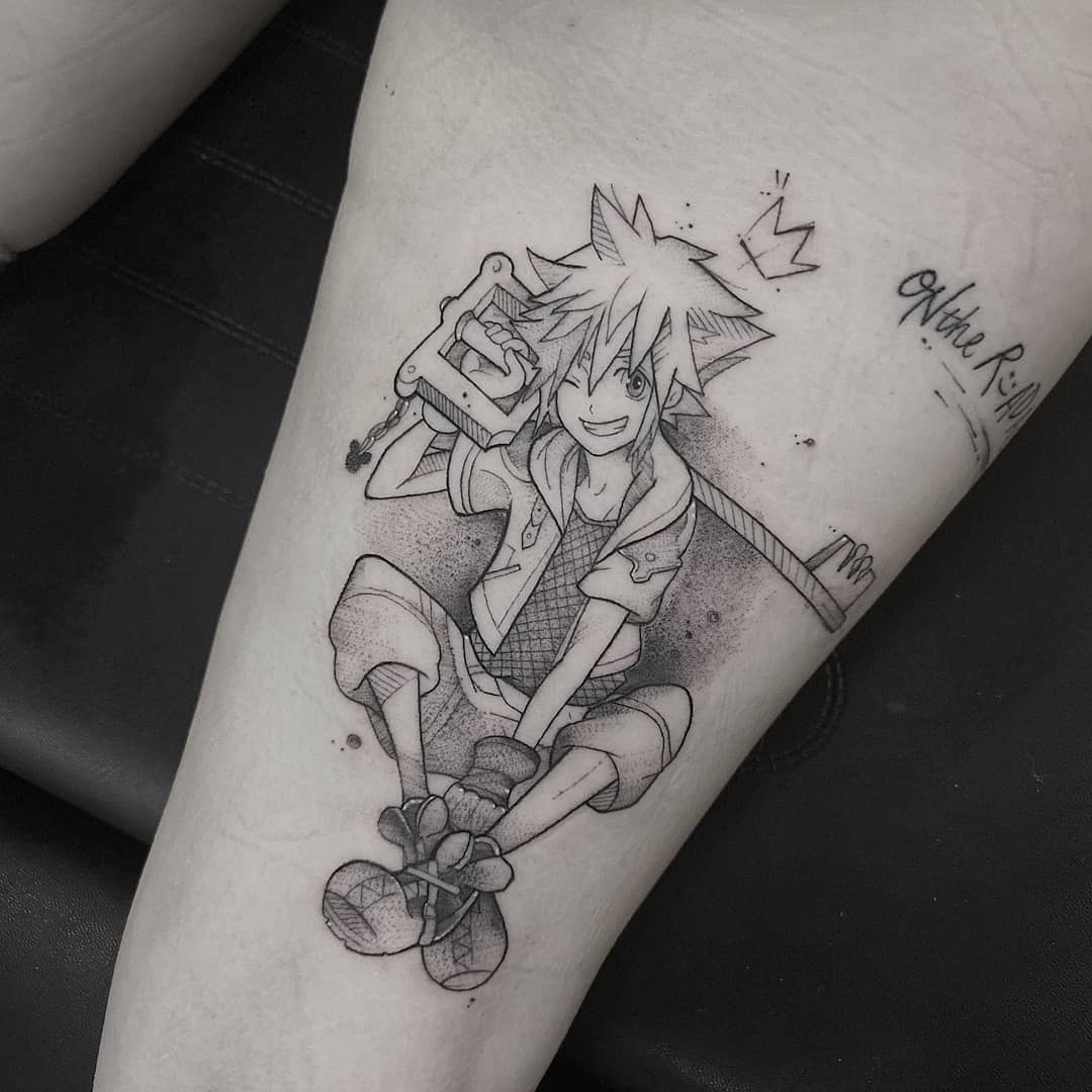 sora tattoo on thigh