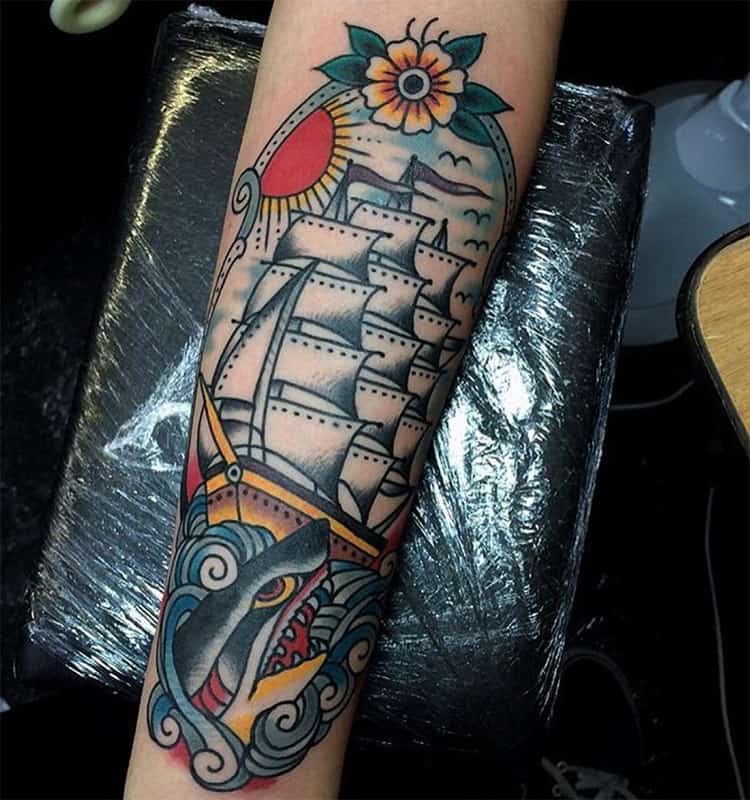 sailor jerry style ship tattoo