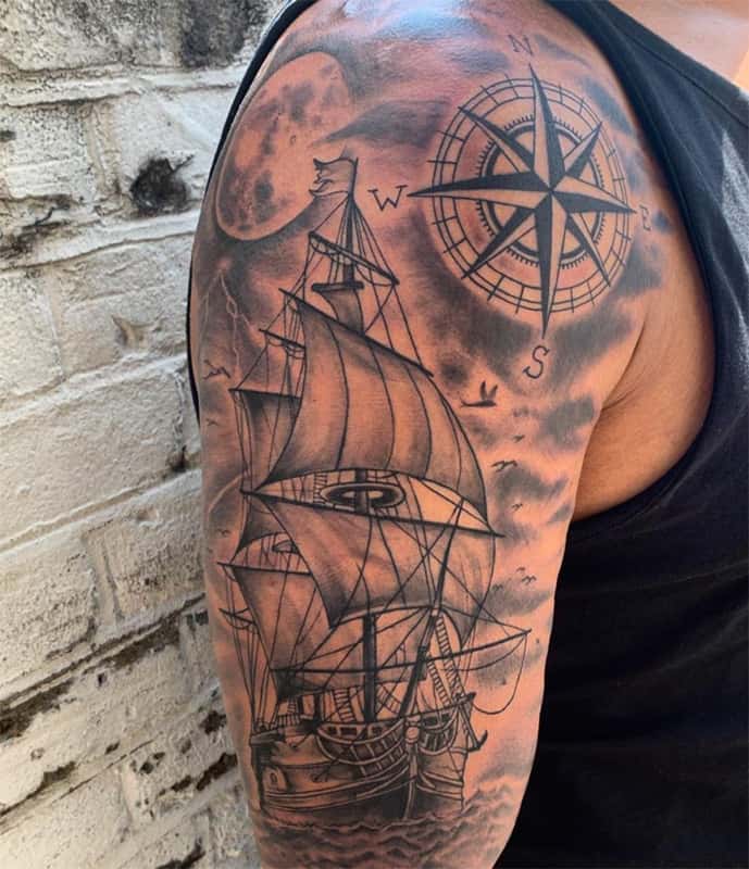 ship and compass tattoo