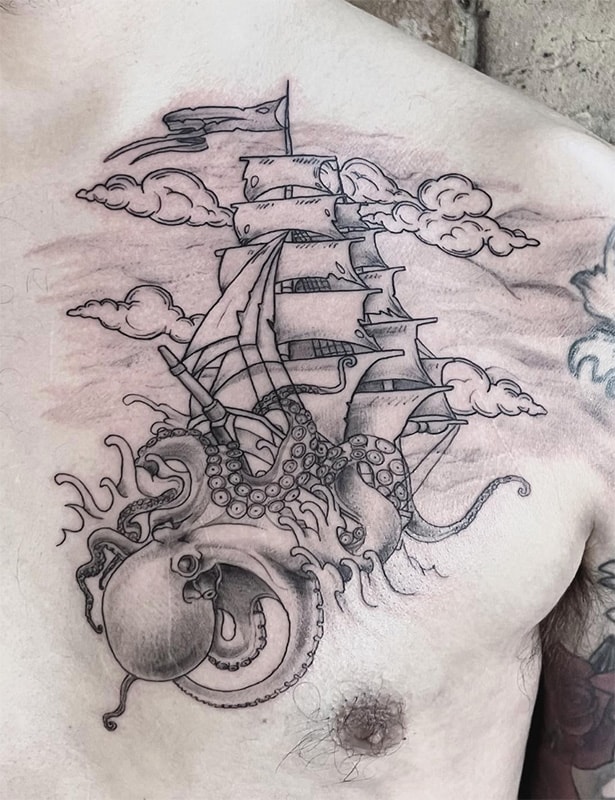 ship and giant octopus tattoo