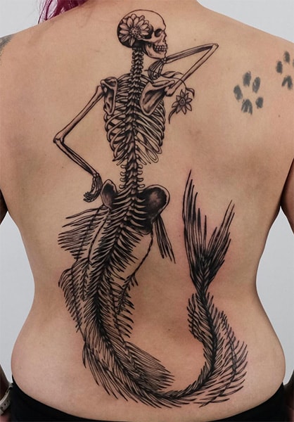 Skeleton mermaid back tattoo