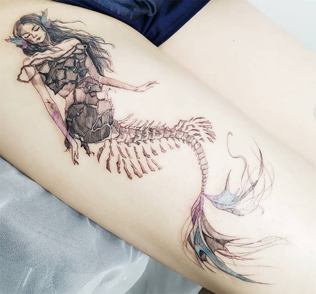Skeleton mermaid tattoo